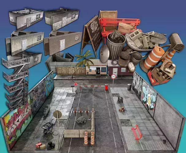 exterior city building objects - low-poly - street 3D Model Collection