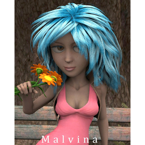 Malvina cartoon girl in dress 3D model_1
