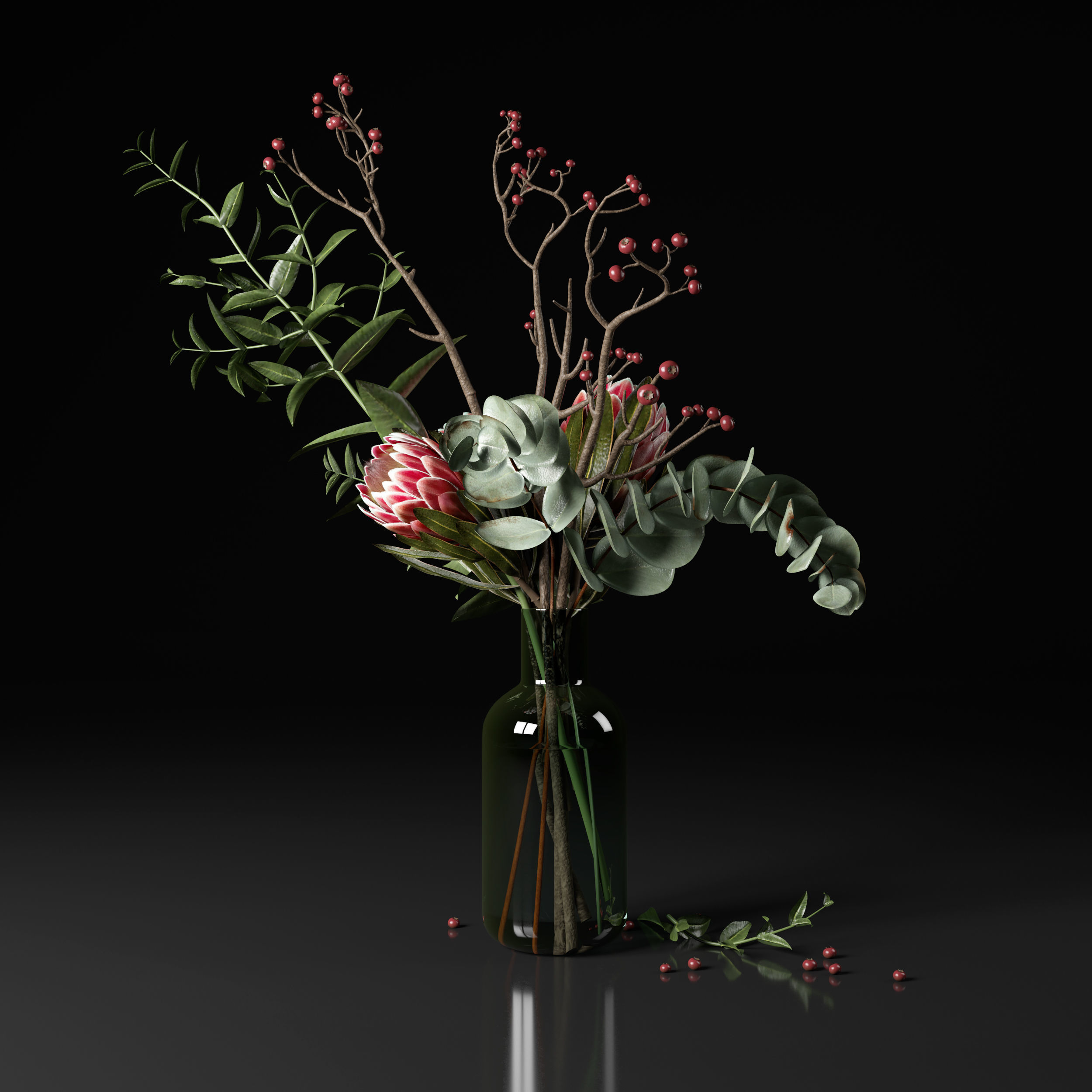 Bouquet of flowers with protea and eucalypt 3D model_11