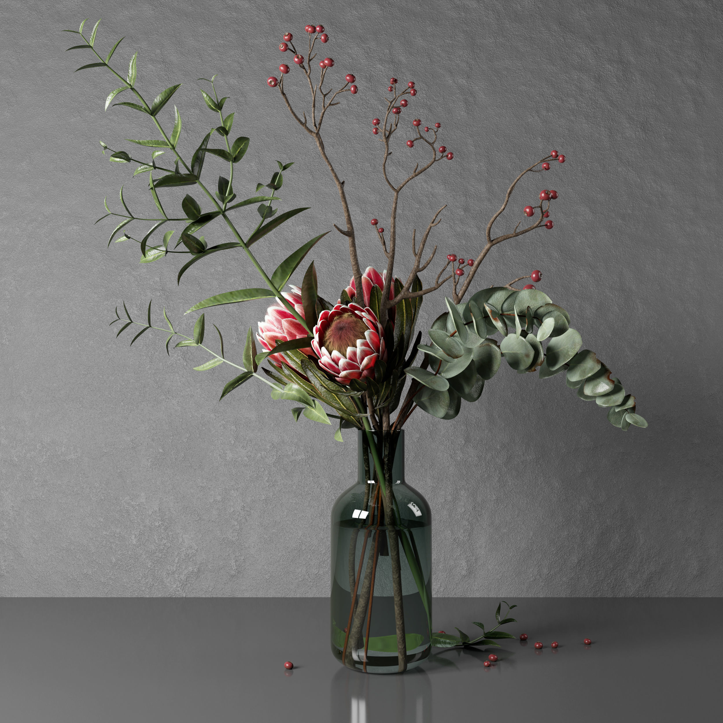 Bouquet of flowers with protea and eucalypt 3D model_14