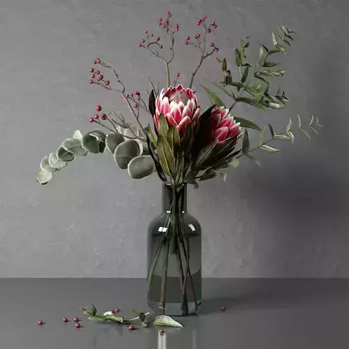 Bouquet of flowers with protea and eucalypt 3D model