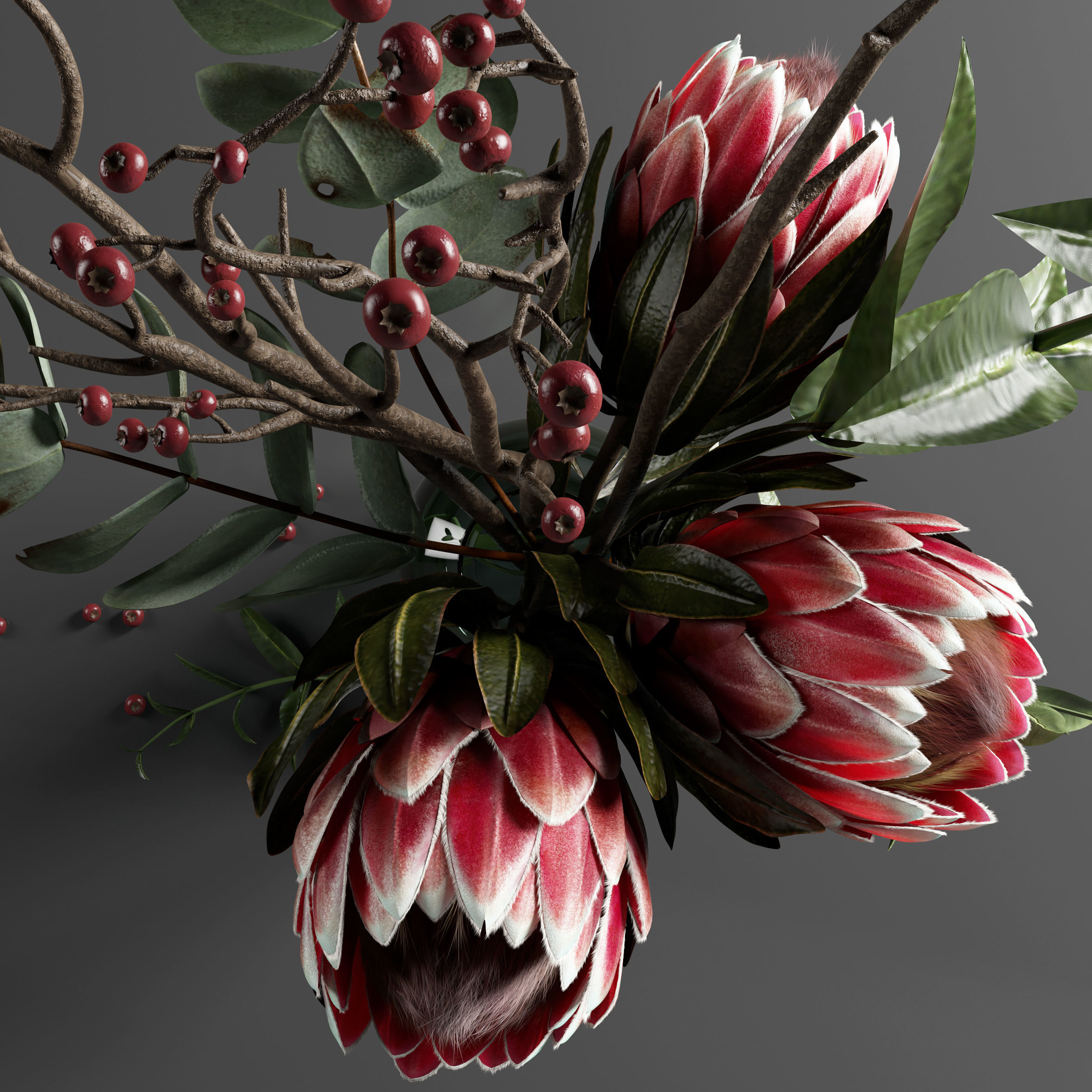 Bouquet of flowers with protea and eucalypt 3D model_2
