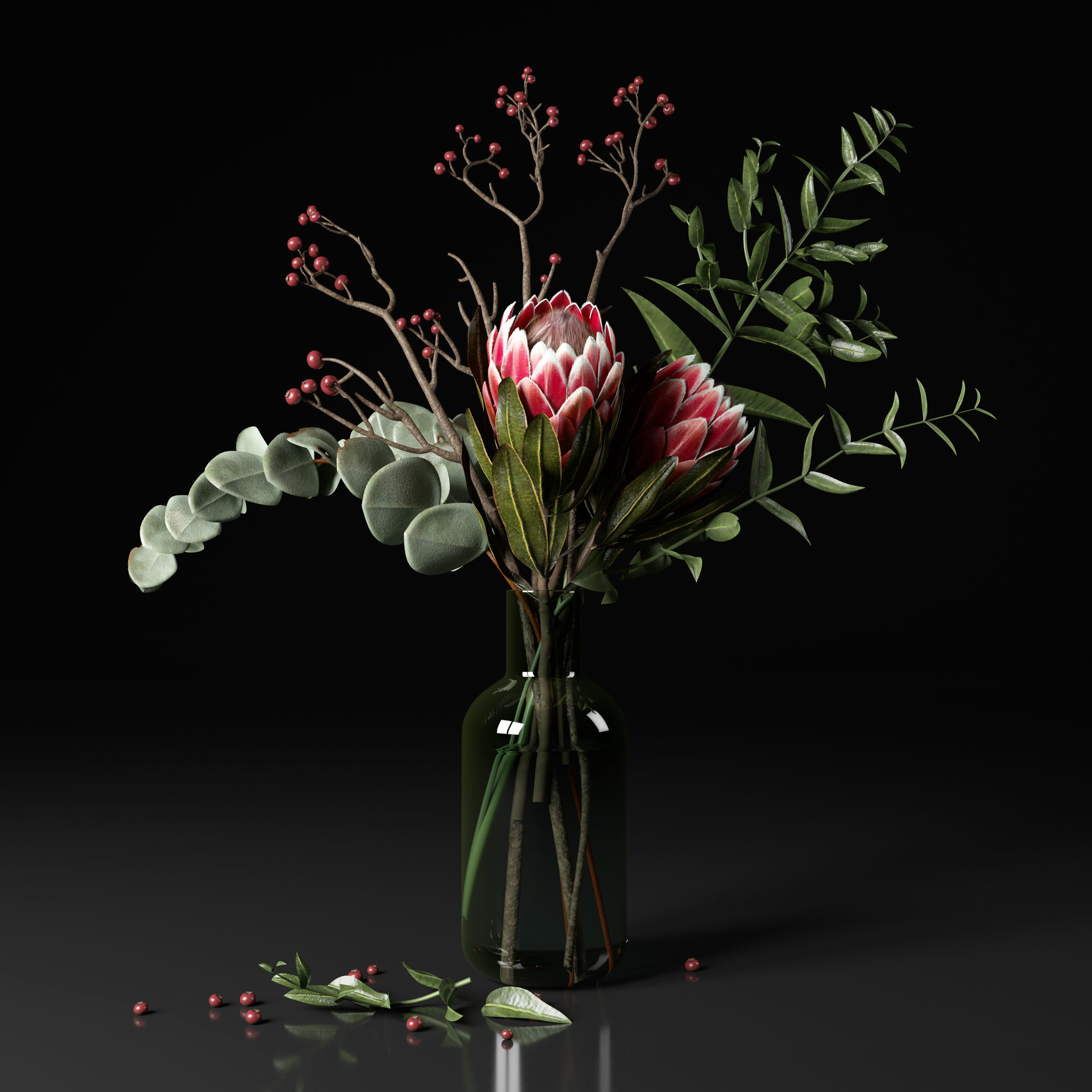 Bouquet of flowers with protea and eucalypt 3D model_8