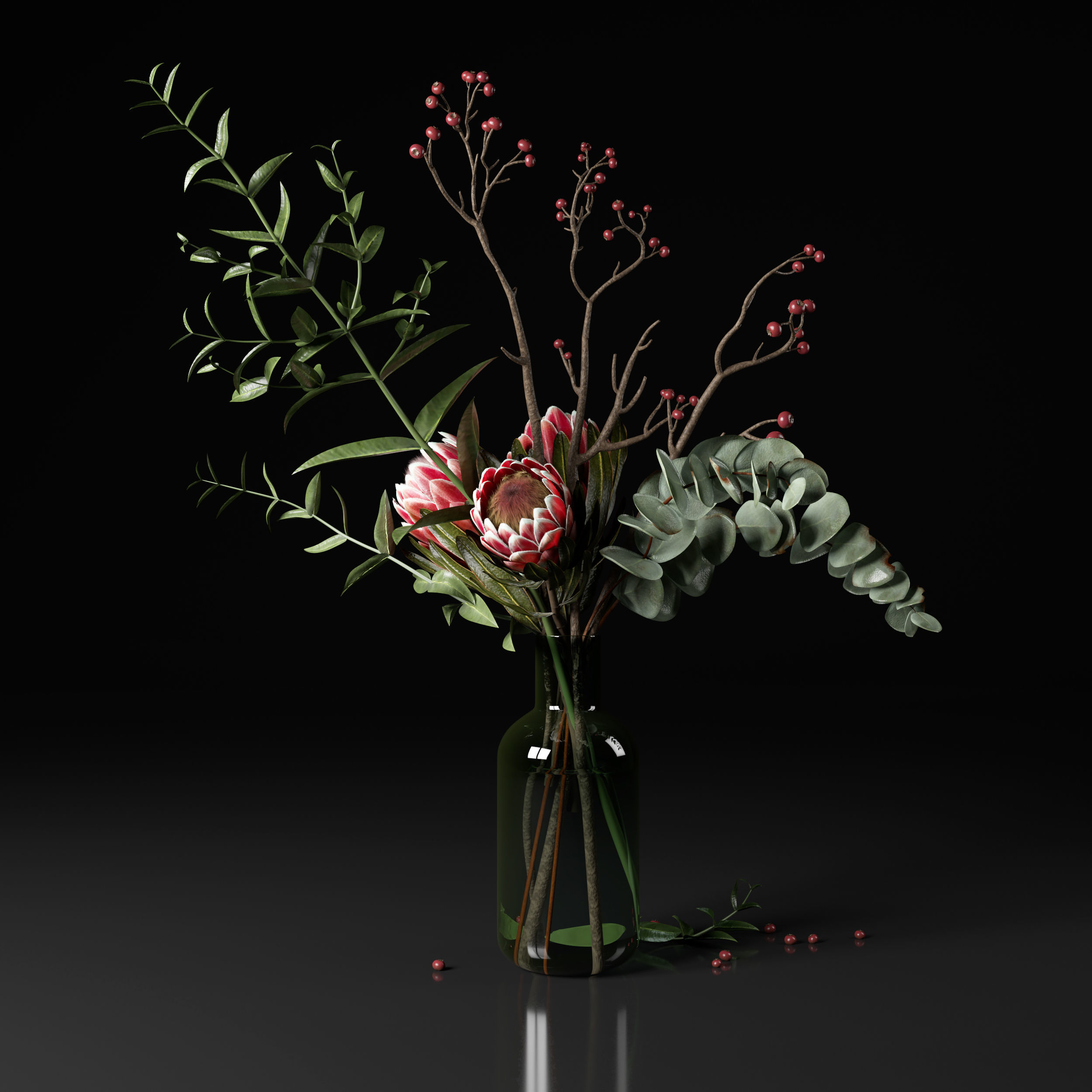 Bouquet of flowers with protea and eucalypt 3D model_9