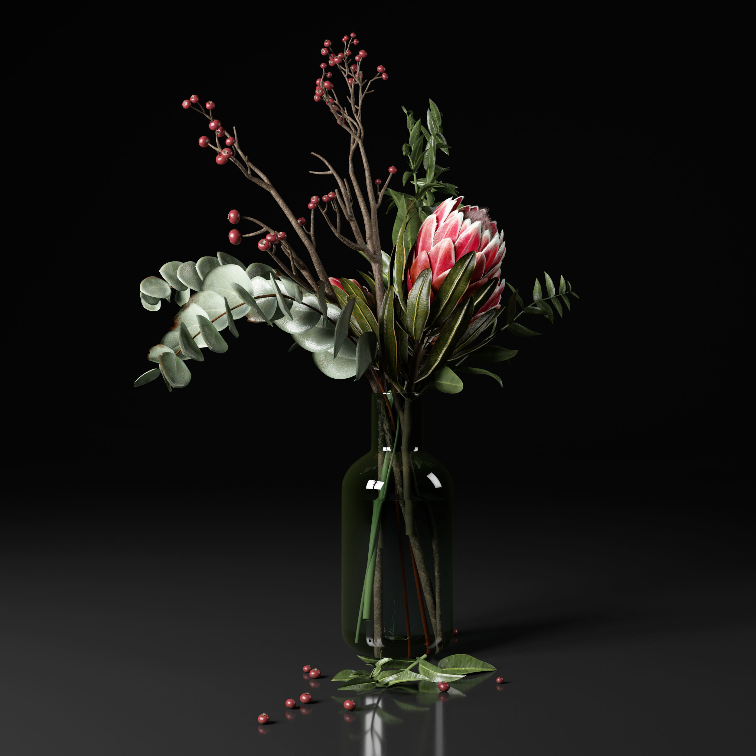 Bouquet of flowers with protea and eucalypt 3D model_10