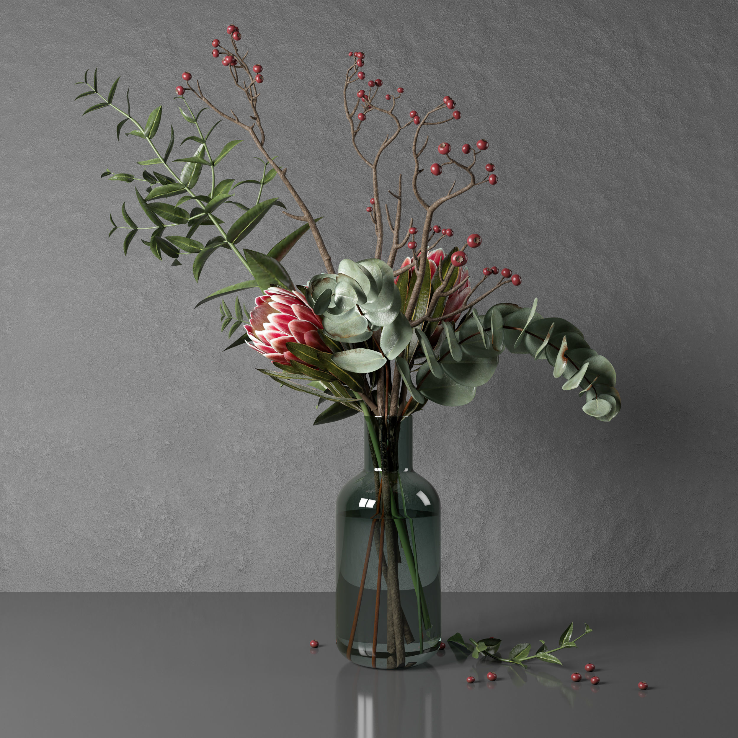 Bouquet of flowers with protea and eucalypt 3D model_12