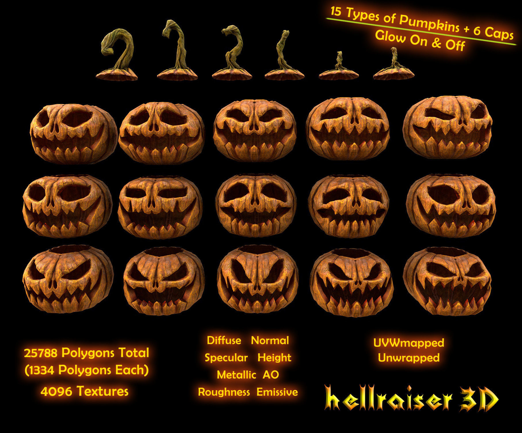 Pumpkins Set - PBR - Textured - Glow On Off Low-poly 3D model_1