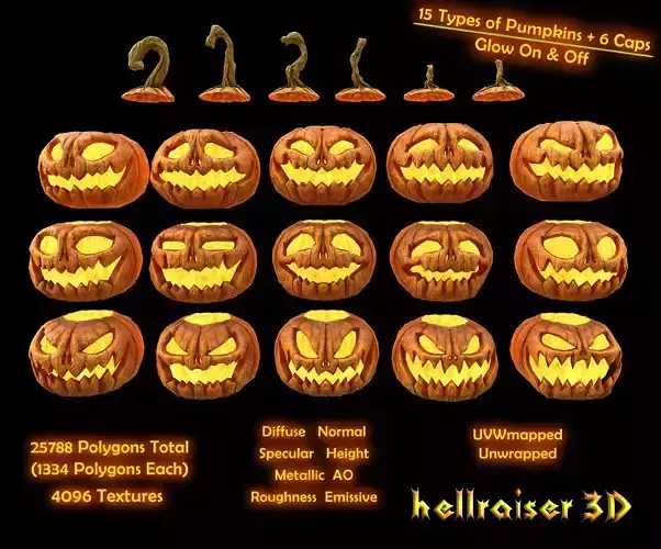 Pumpkins Set - PBR - Textured - Glow On Off Low-poly 3D model