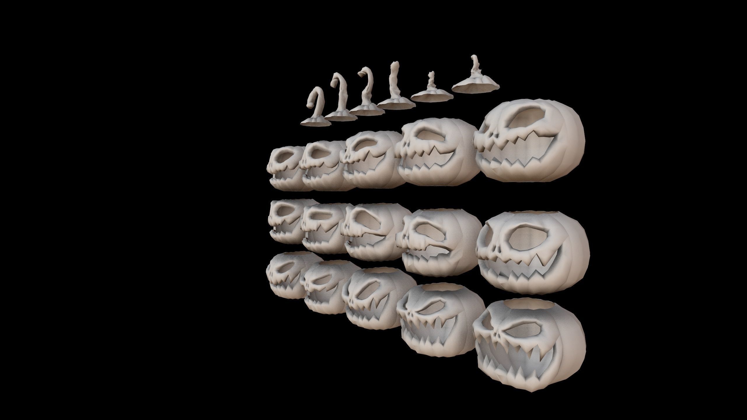 Pumpkins Set skulls in row Low-poly 3D model_13