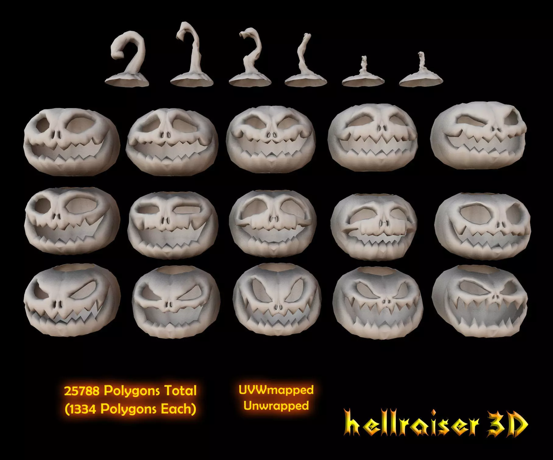 Pumpkins Set skulls in row Low-poly 3D model_0