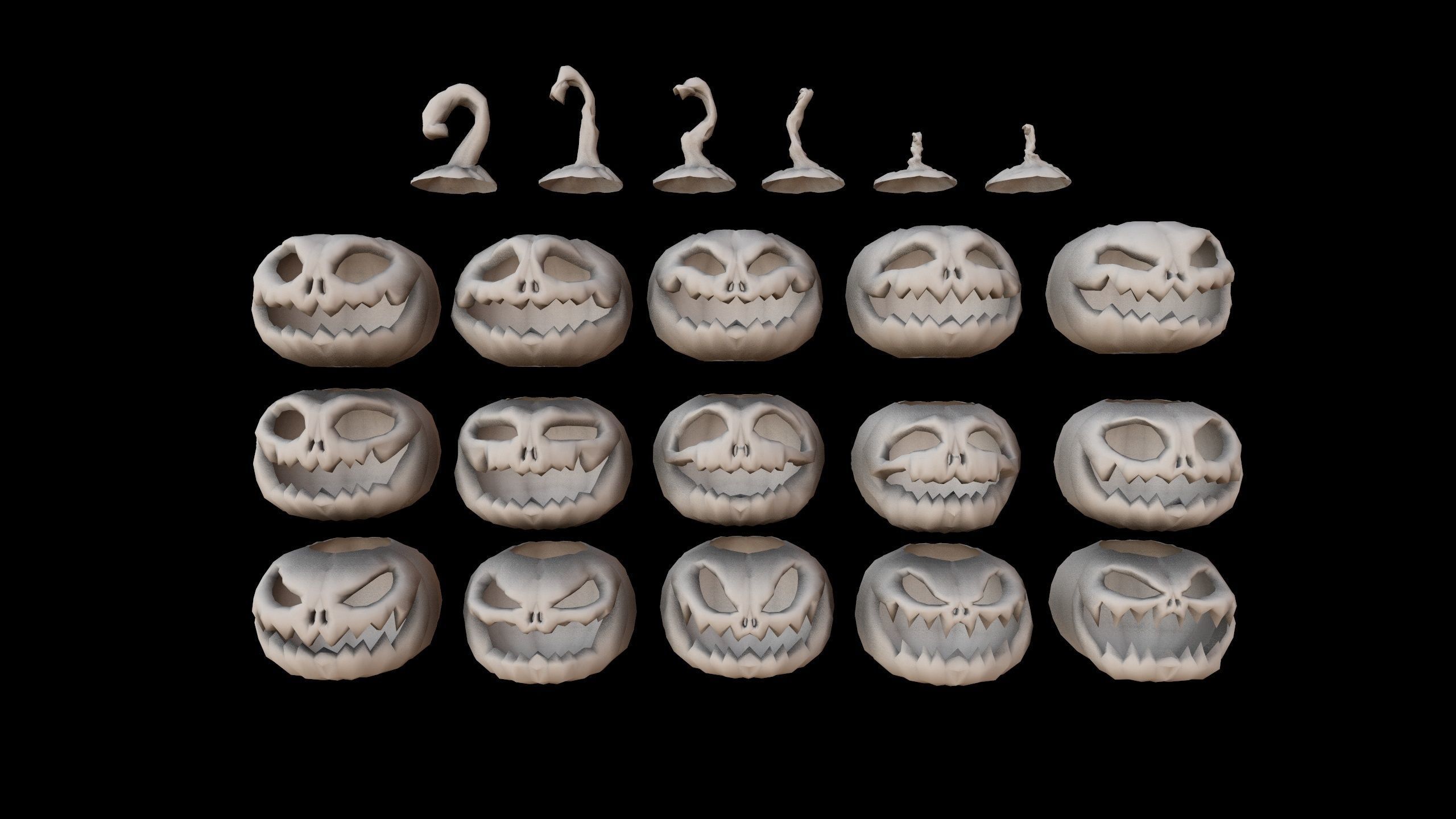 Pumpkins Set skulls in row Low-poly 3D model_1