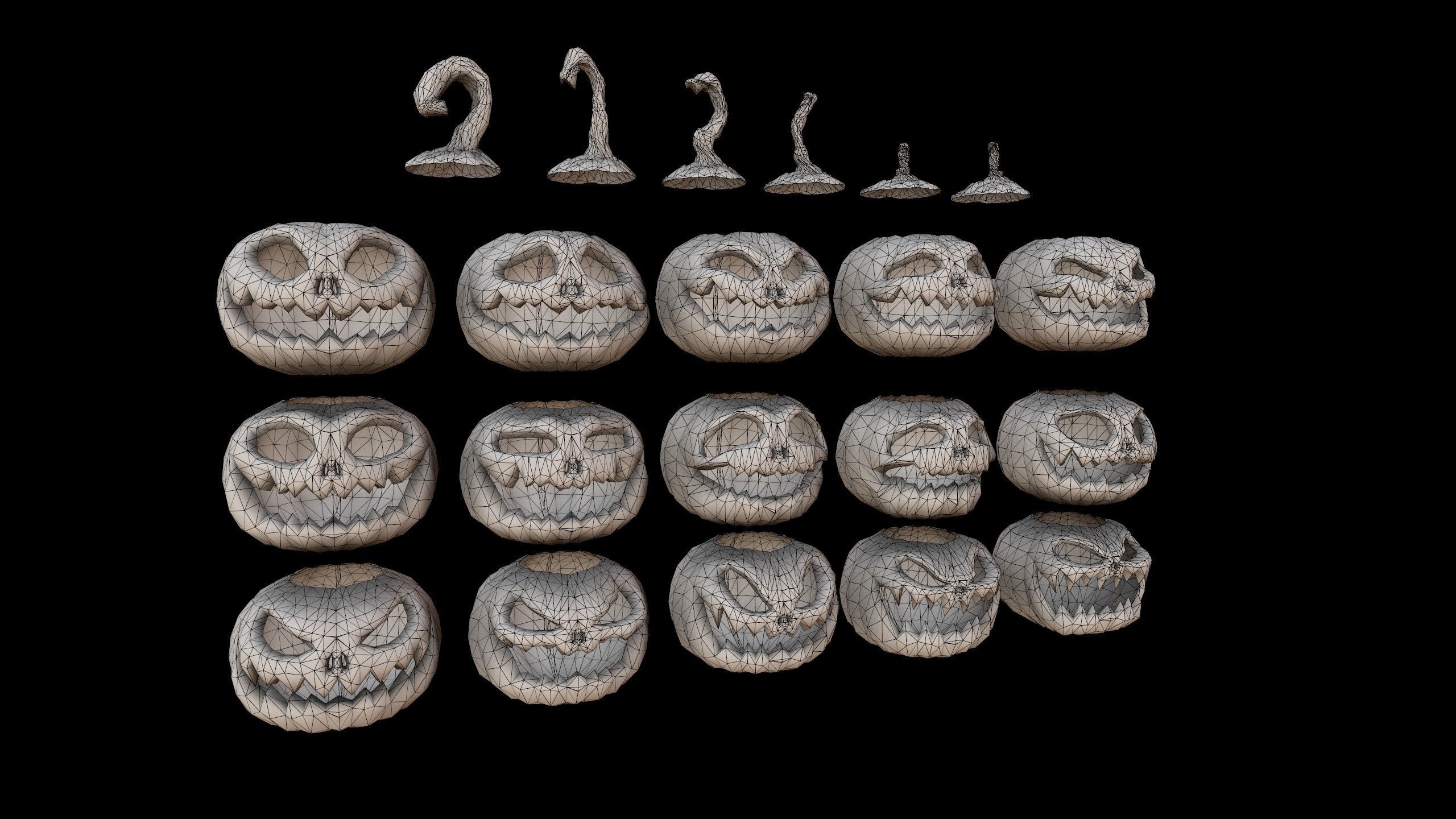 Pumpkins Set skulls in row Low-poly 3D model_20