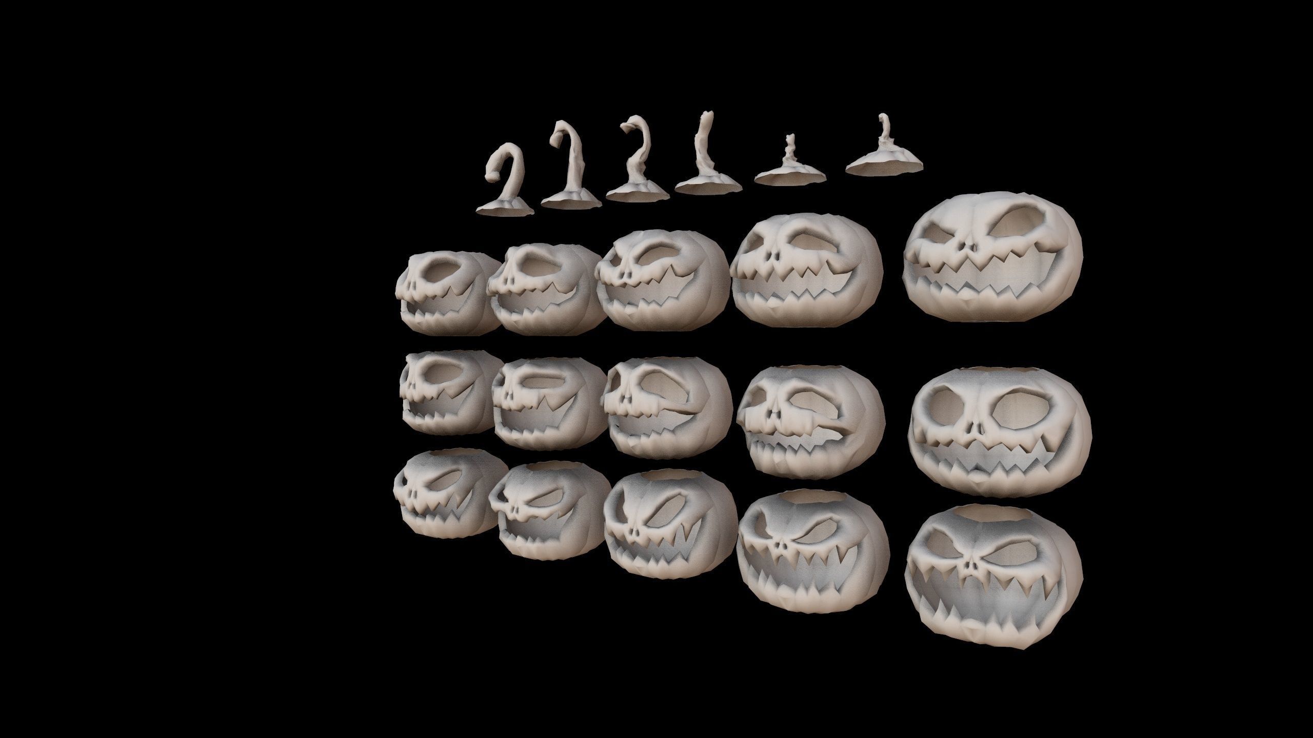 Pumpkins Set skulls in row Low-poly 3D model_14