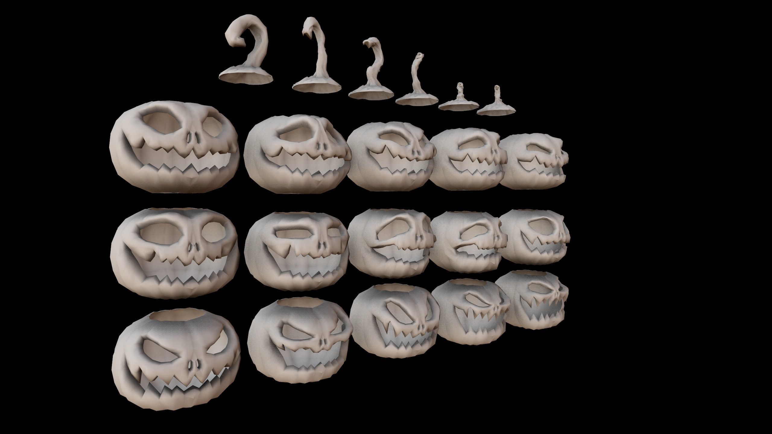 Pumpkins Set skulls in row Low-poly 3D model_3