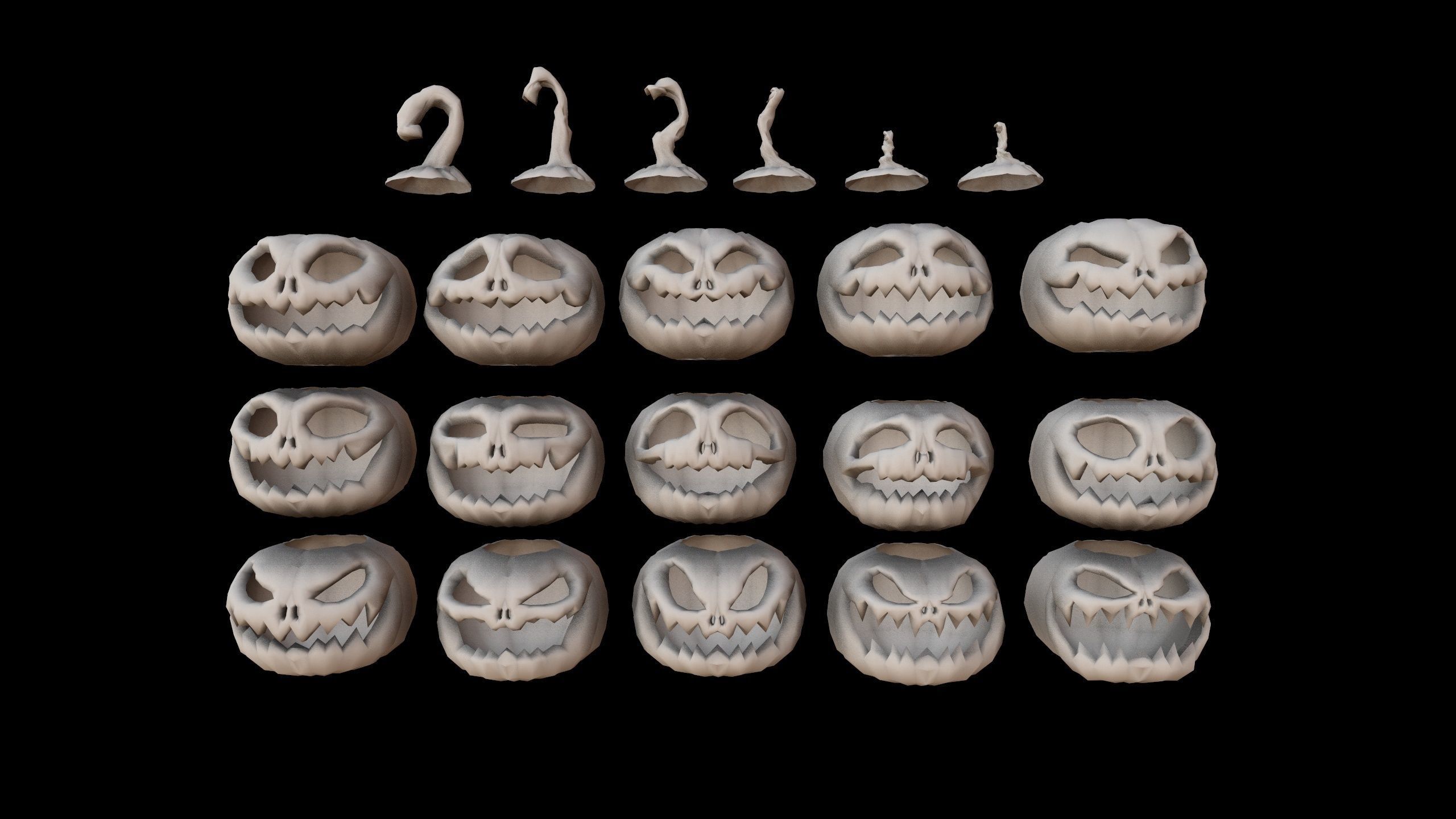 Pumpkins Set skulls in row Low-poly 3D model_16
