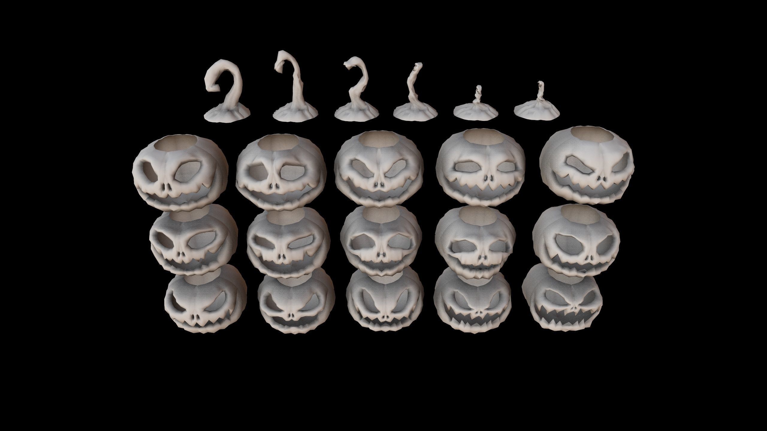 Pumpkins Set skulls in row Low-poly 3D model_18