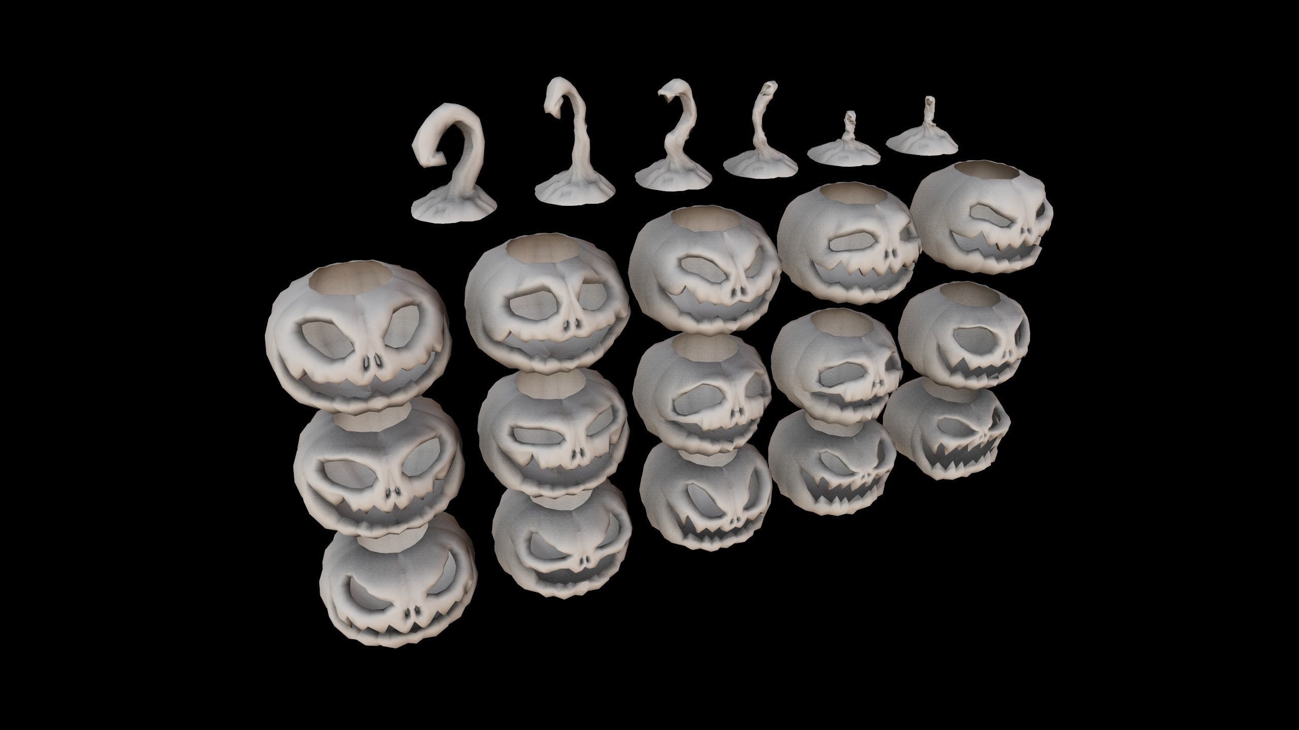 Pumpkins Set skulls in row Low-poly 3D model_17