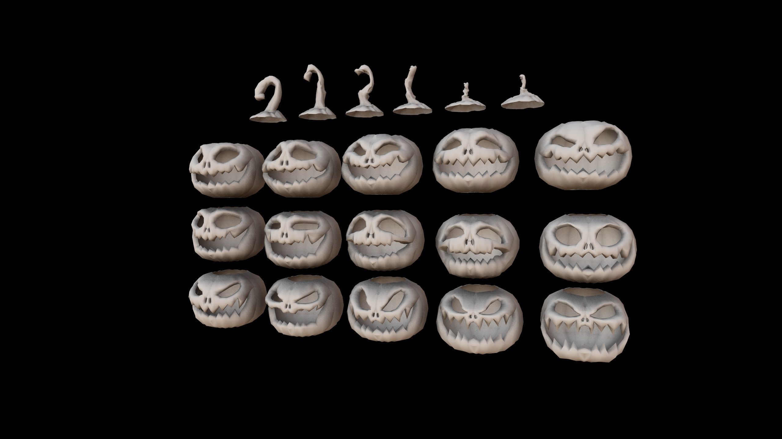 Pumpkins Set skulls in row Low-poly 3D model_15
