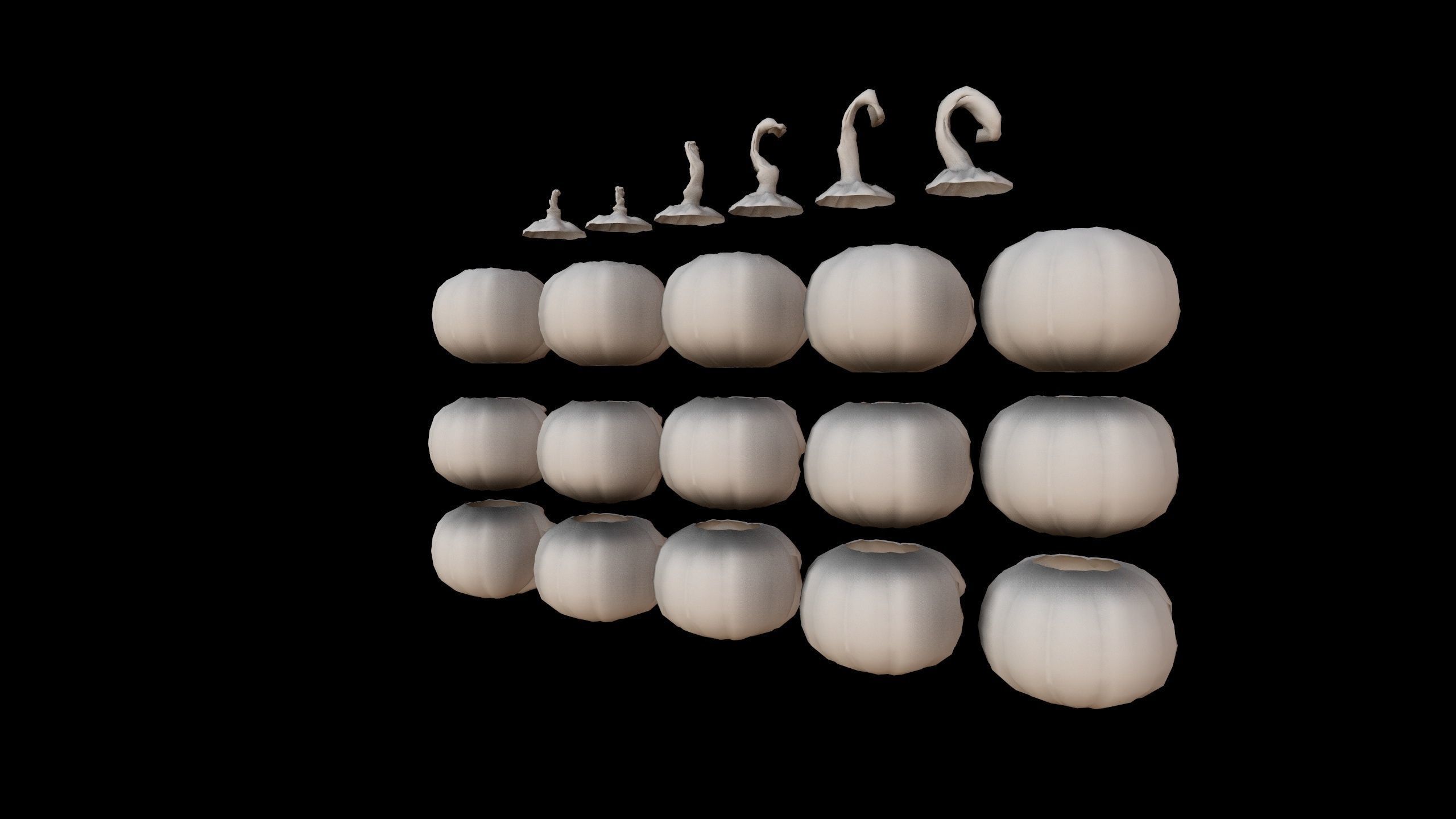 Pumpkins Set skulls in row Low-poly 3D model_8