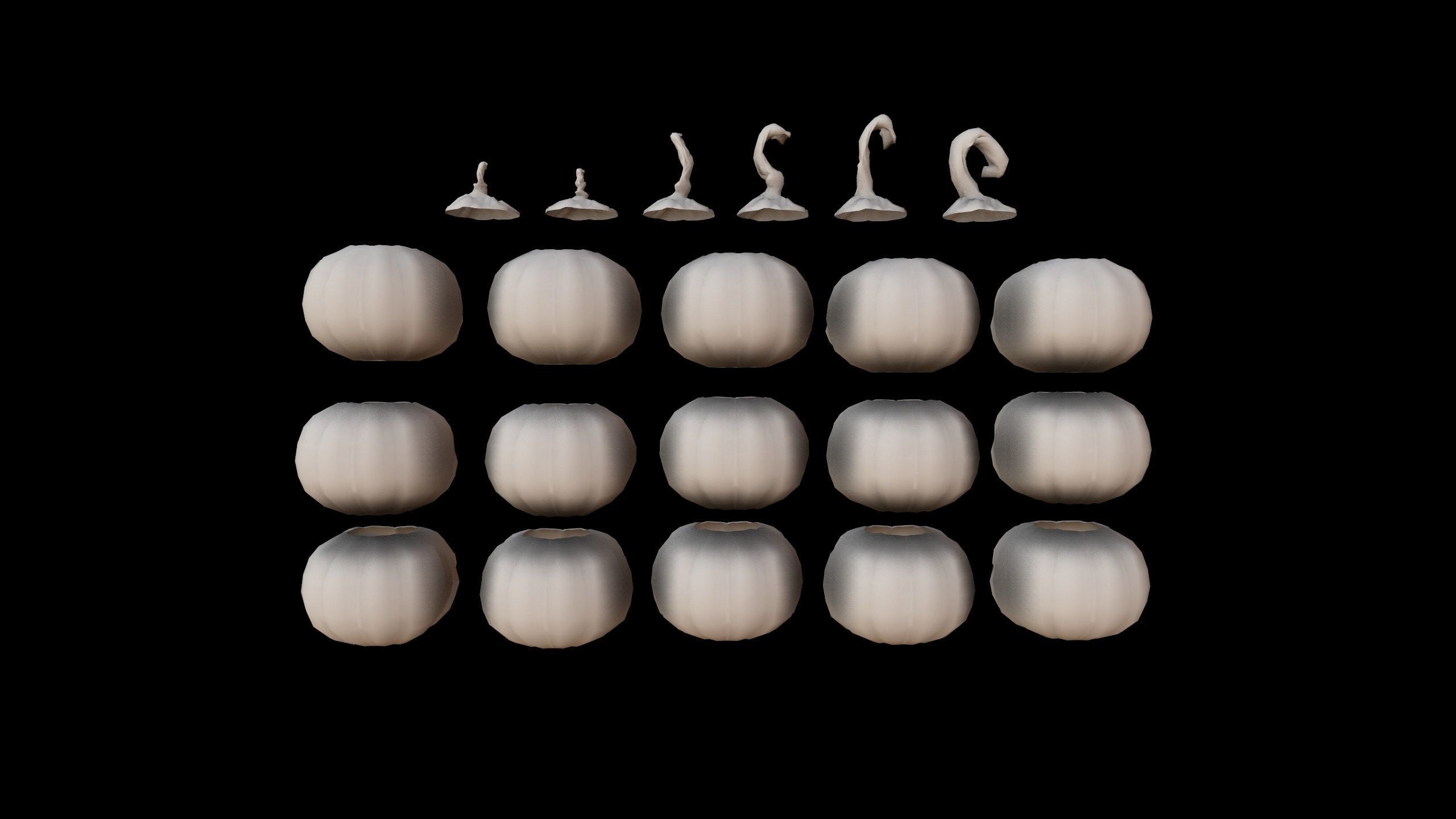 Pumpkins Set skulls in row Low-poly 3D model_9