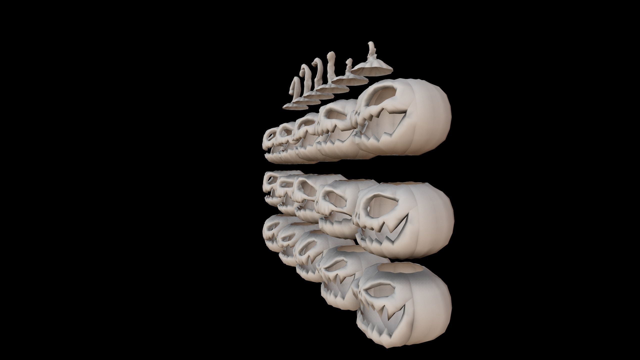 Pumpkins Set skulls in row Low-poly 3D model_12