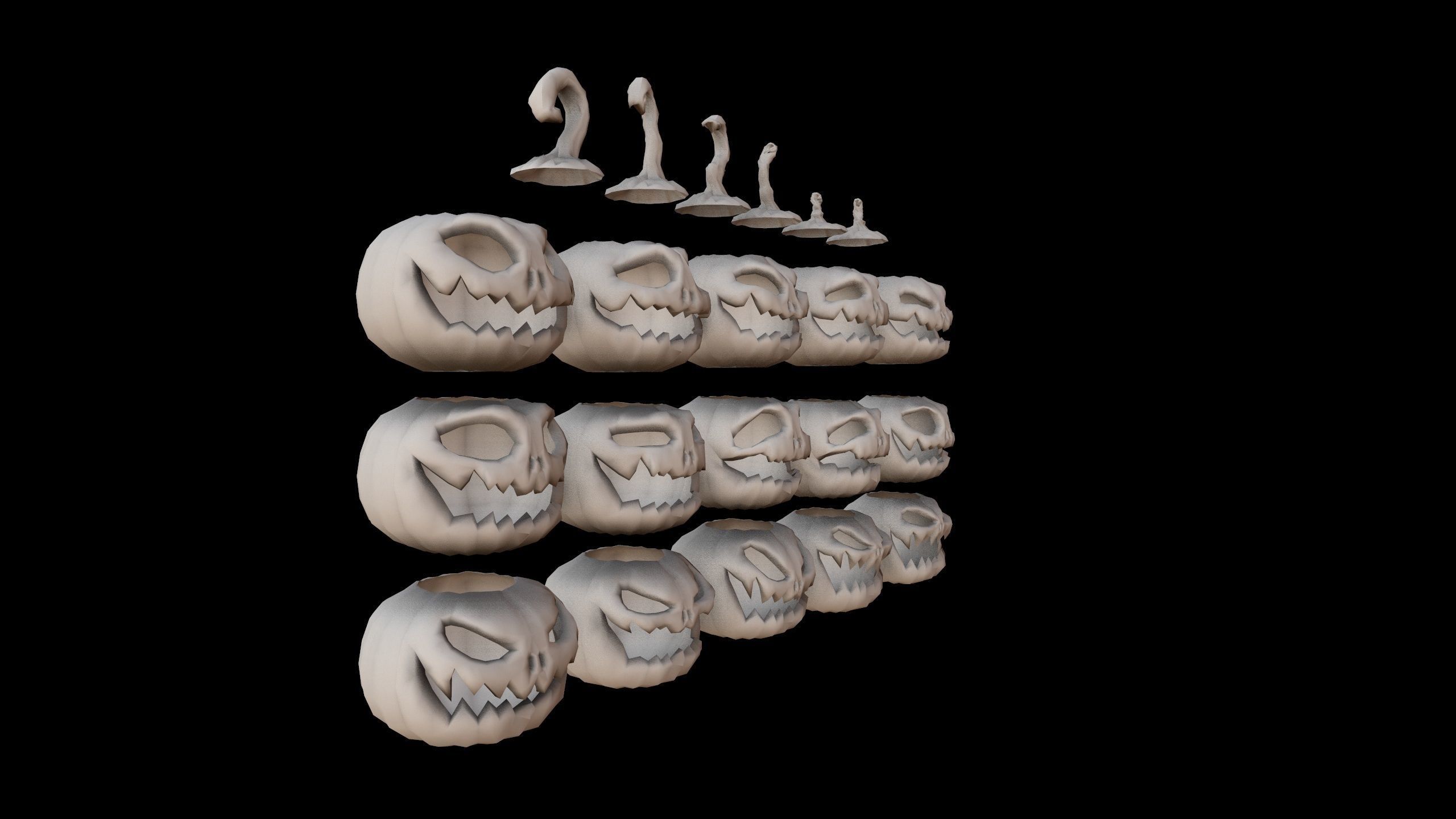 Pumpkins Set skulls in row Low-poly 3D model_4
