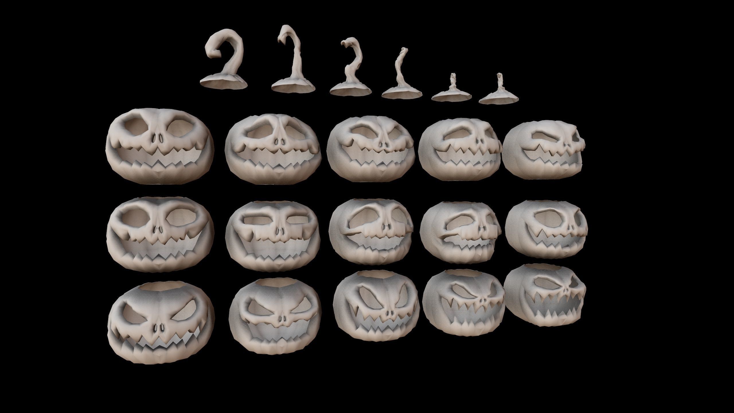 Pumpkins Set skulls in row Low-poly 3D model_2