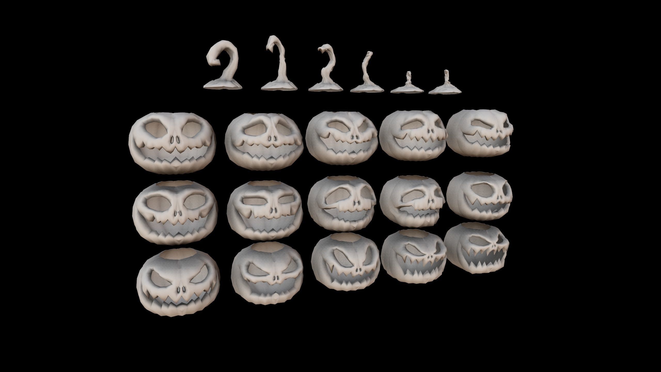 Pumpkins Set skulls in row Low-poly 3D model_19