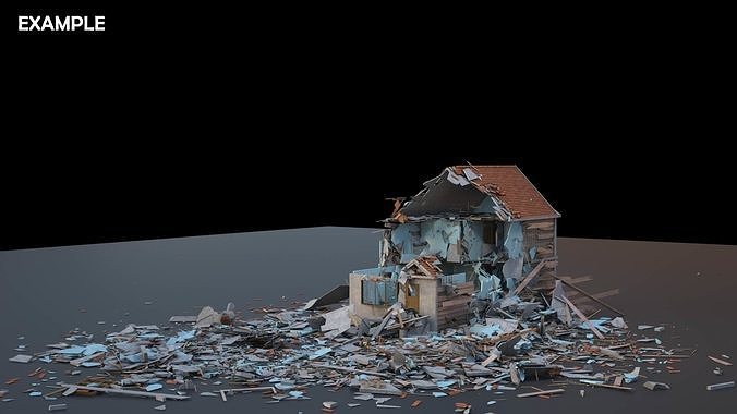 Destroyed Wooden Cottage 3D model 7