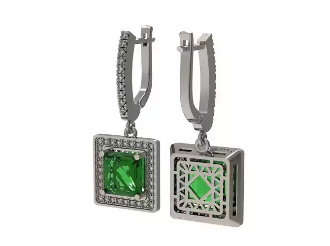 earrings 3D print model two with emerald stones and diamonds