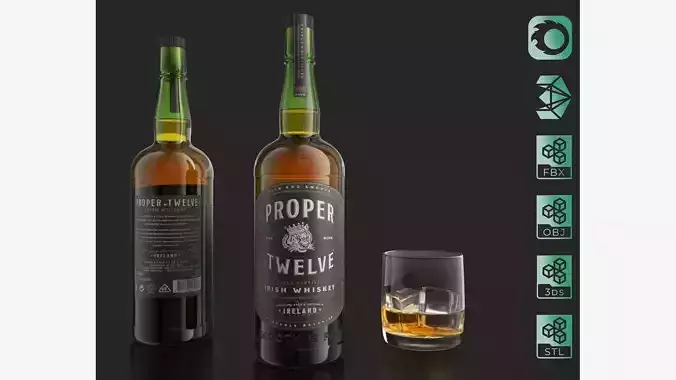 Proper Twelve  Whiskey bottle with a glass ice drink  