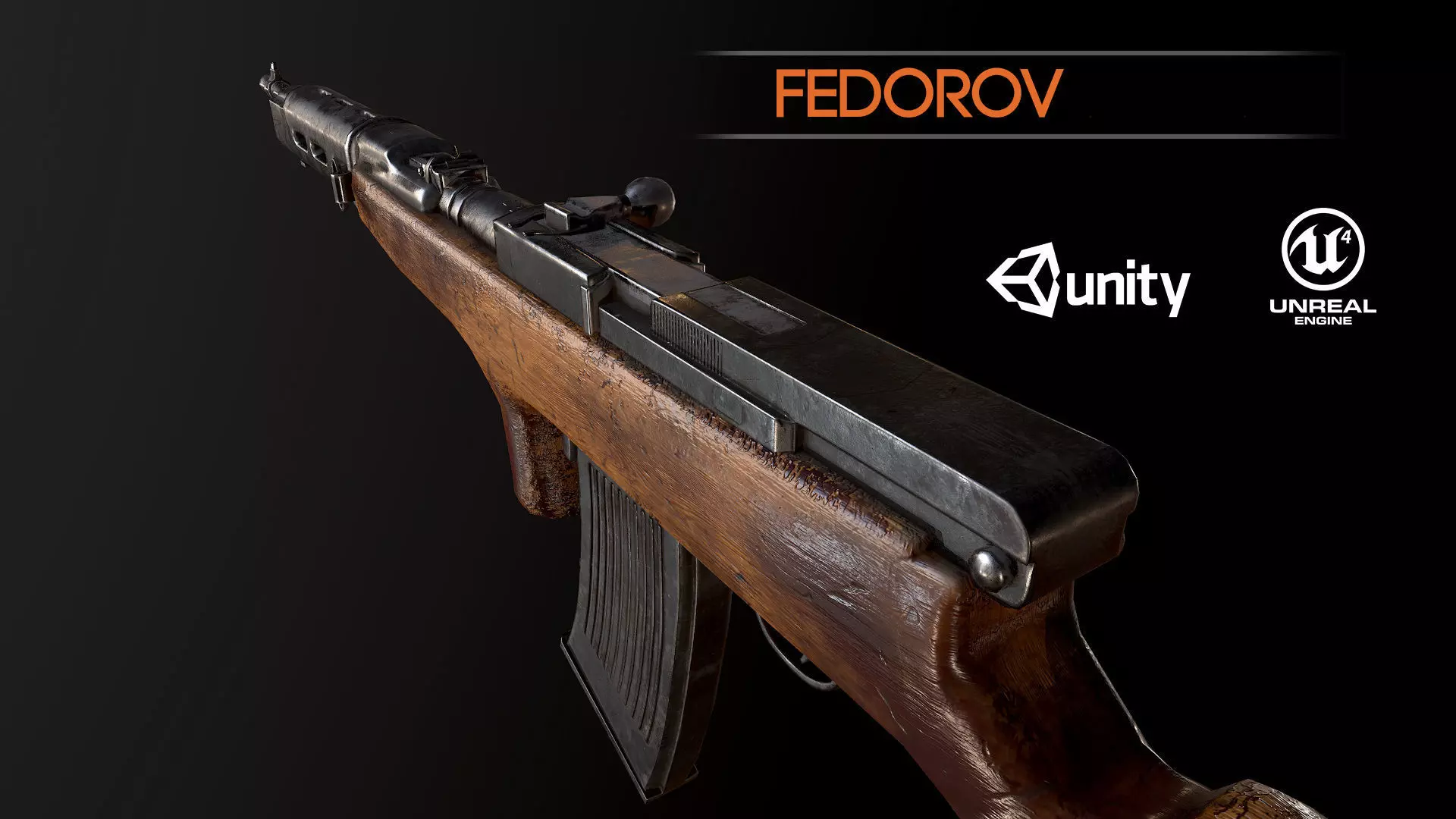 Fedorov WW2 USSR machine gun PBR Low-poly 3D model_0