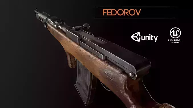 Fedorov WW2 USSR machine gun PBR Low-poly 3D model