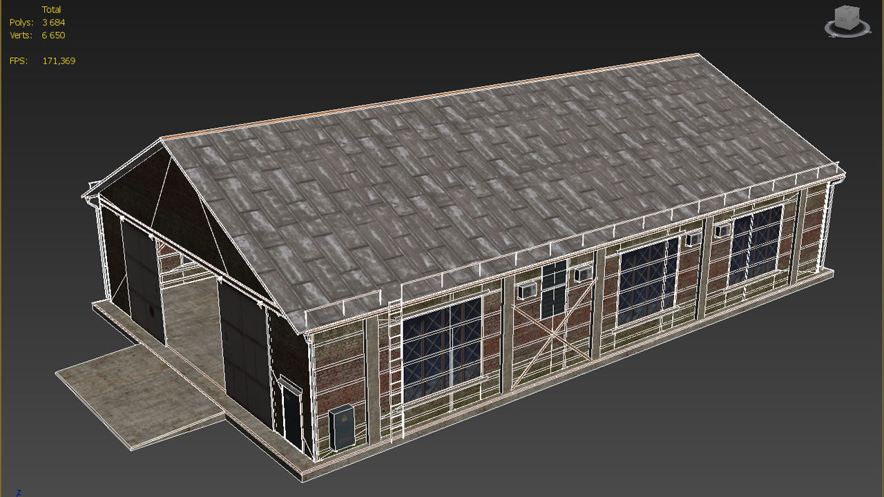 Hangar brick building Low-poly 3D model_8