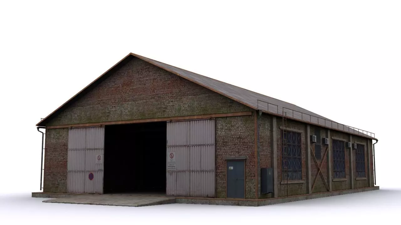 Hangar brick building Low-poly 3D model_0