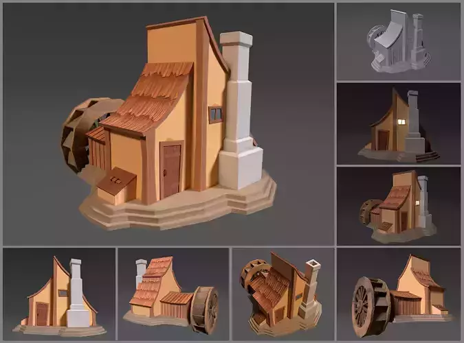 Low-poly stylized watermill Low-poly 3D model