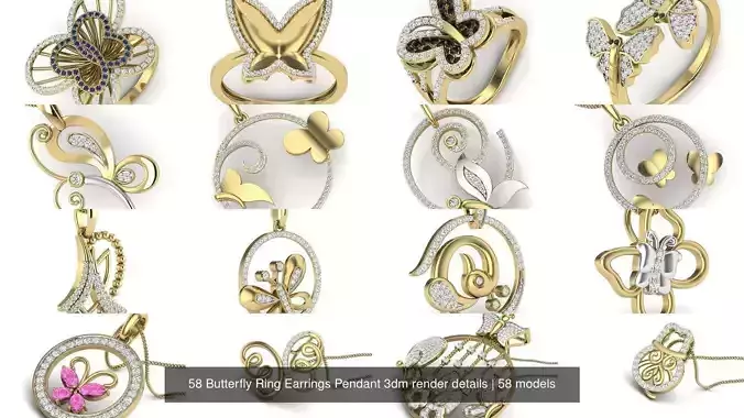 58 Butterfly Ring Earrings Pendant 3dm render details 3D Model Collection