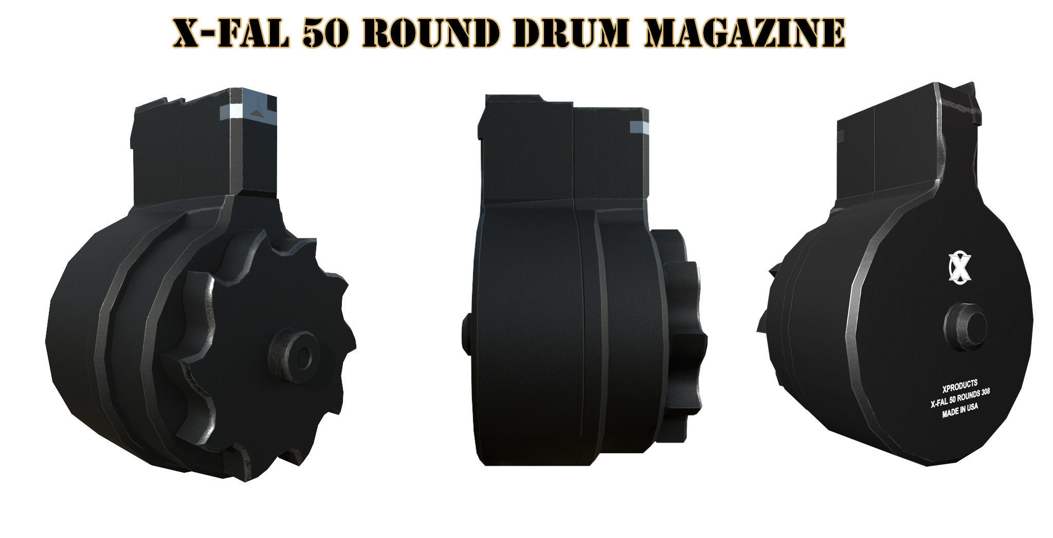 X FAL 50 Round Drum Magazine For 308 Rifles Low Poly PBR Low-poly 3D model_2