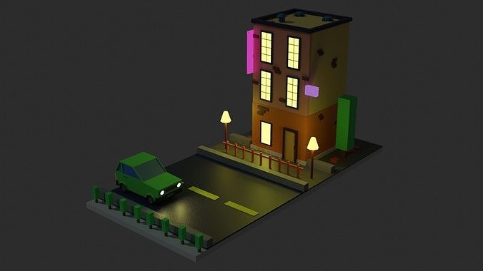 Cubic Building and Car Free low-poly 3D model