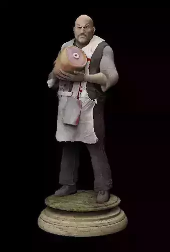 The Butcher man in apron holding piece of meat Low-poly 3D model