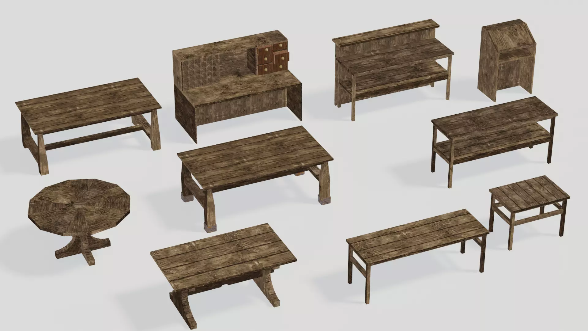 Game Ready Medieval Wooden Furniture Desk and Table  Low-poly 3D model_0