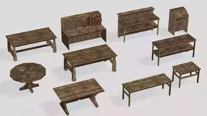 Game Ready Medieval Wooden Furniture Desk and Table 