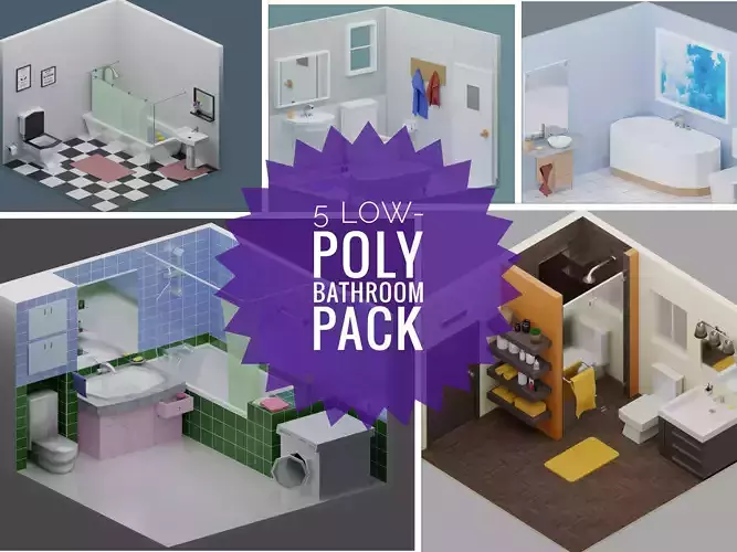 Low-Poly Bathrooms Pack - 5 Bathrooms Low-poly 3D model