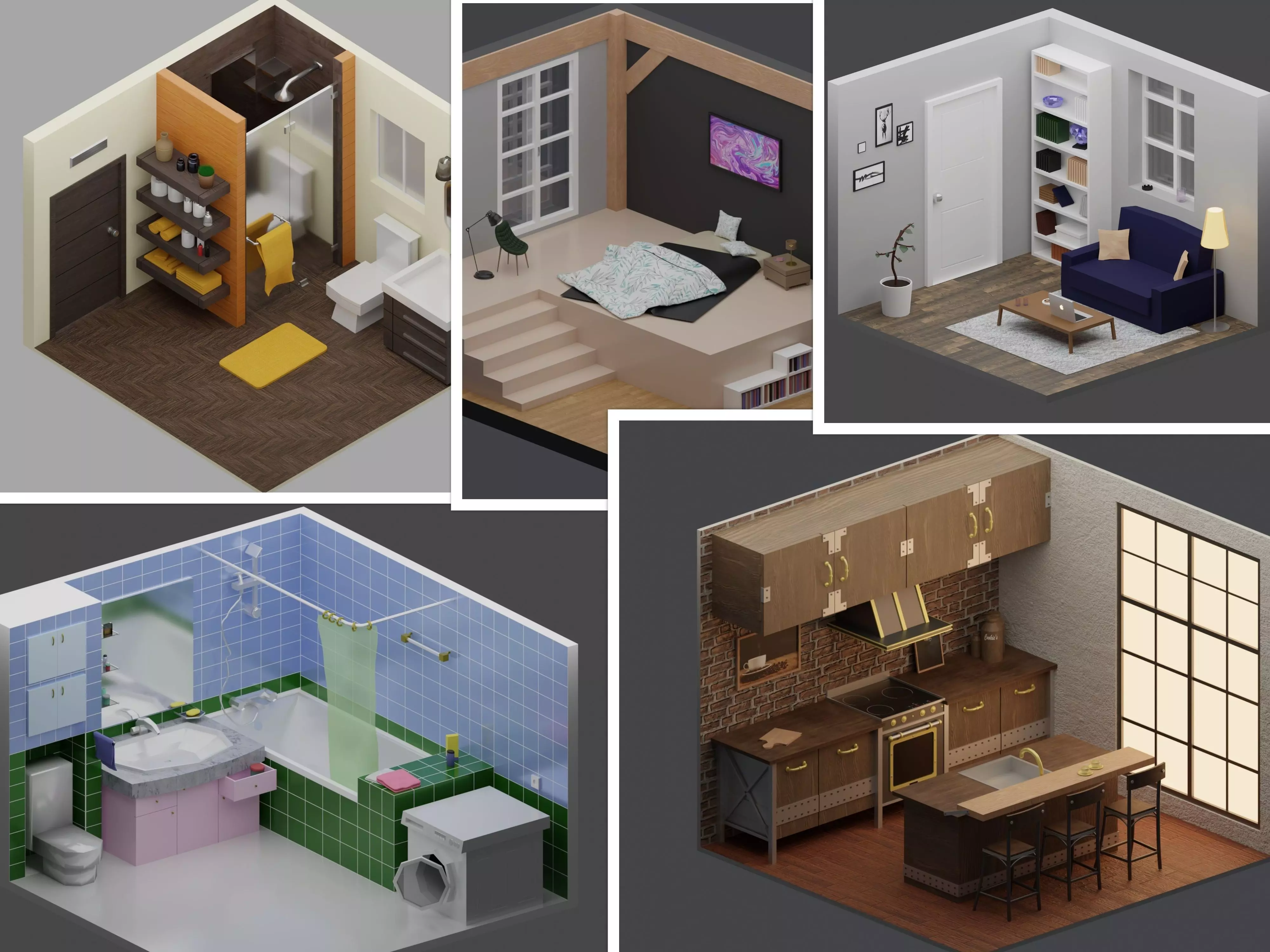 Big Low-Poly Rooms Pack - 20 Rooms 3D Model Collection_0