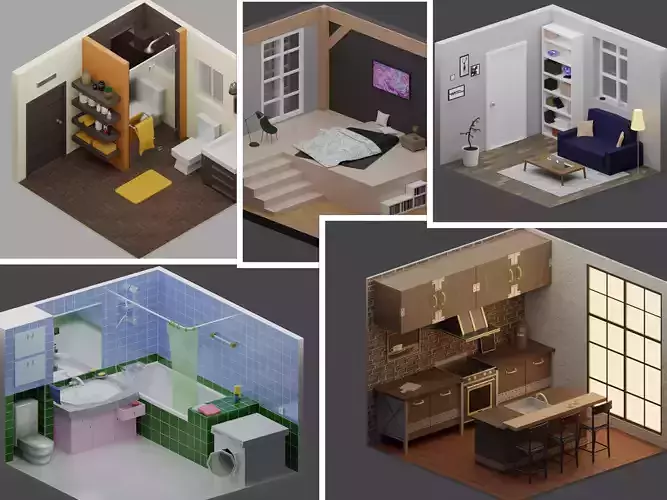 Big Low-Poly Rooms Pack - 20 Rooms 3D Model Collection