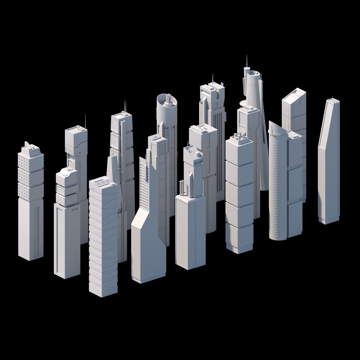 Skyscrapers SciFi - Low Poly - Kitbash City Low-poly 3D model_2