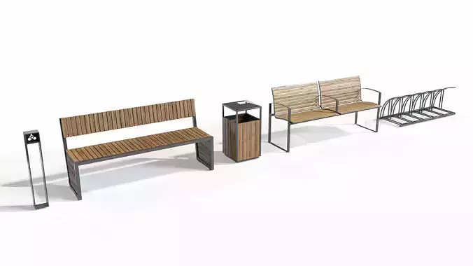 Set of benches with urns and bicycle parking