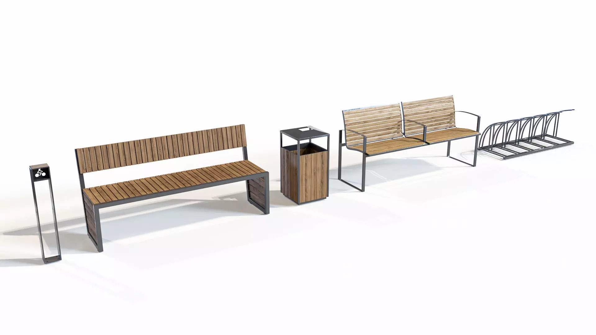 Set of benches with urns and bicycle parking 3D model