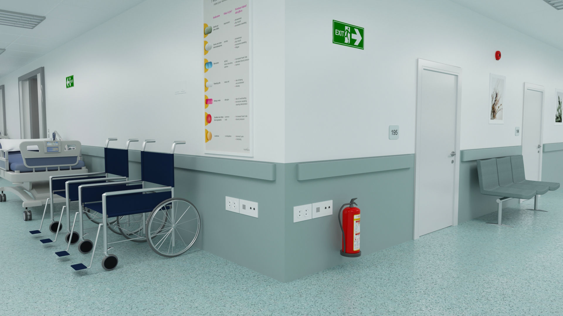 Hospital Ward And Hallway 3D 3D model_1
