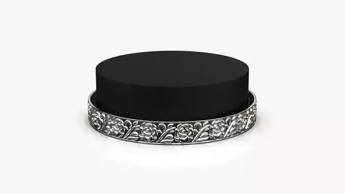 Bangle silver ring with floral pattern